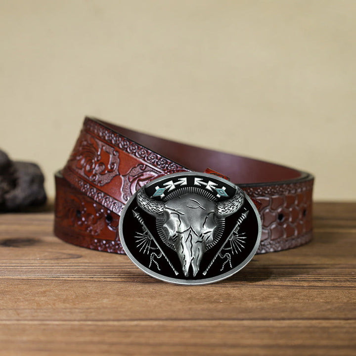 Men's DIY Indian Theme Bull Skull Buckle Leather Belt - Black - Brown Carved Belt (40) - image 13