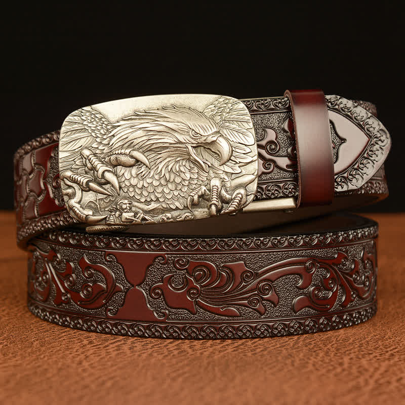 Men's Eagle Buckle Genuine Leather Embossing Belt - Silver & Brown - 46 - image 17