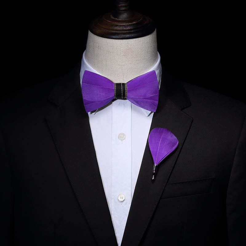 Solid Purple Noble Feather Bow Tie with Lapel Pin - image 1