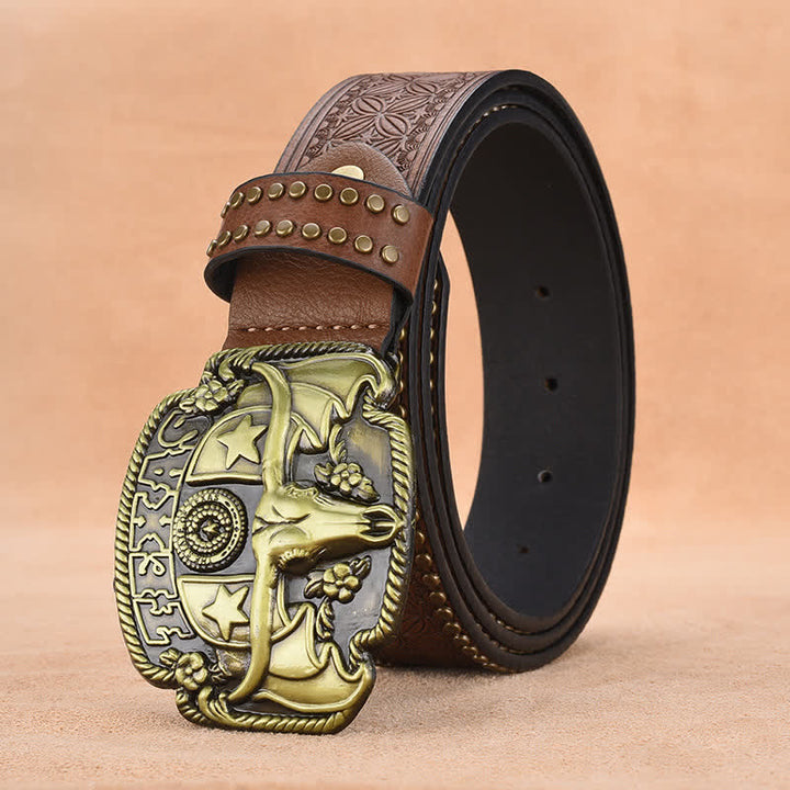 Men's Antique Longhorn Steer Rivet Leather Belt - Brown - 44 - image 1