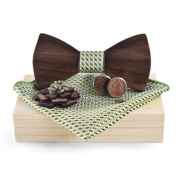 4Pcs Men's Vintage Black Wooden Bow Tie Set - Green - image 7