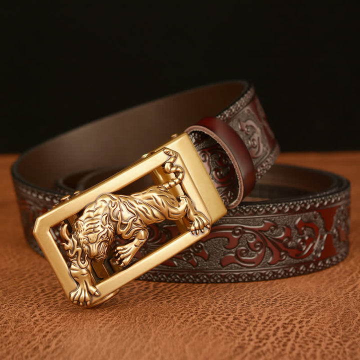 Men's Tiger Buckle Floral Embossed Leather Belt - image 3