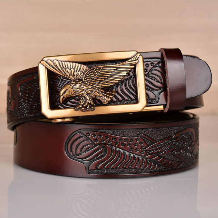 Men's Hollow Eagle Buckle Embossed Leather Belt - Gold & Coffee - 46 - image 22