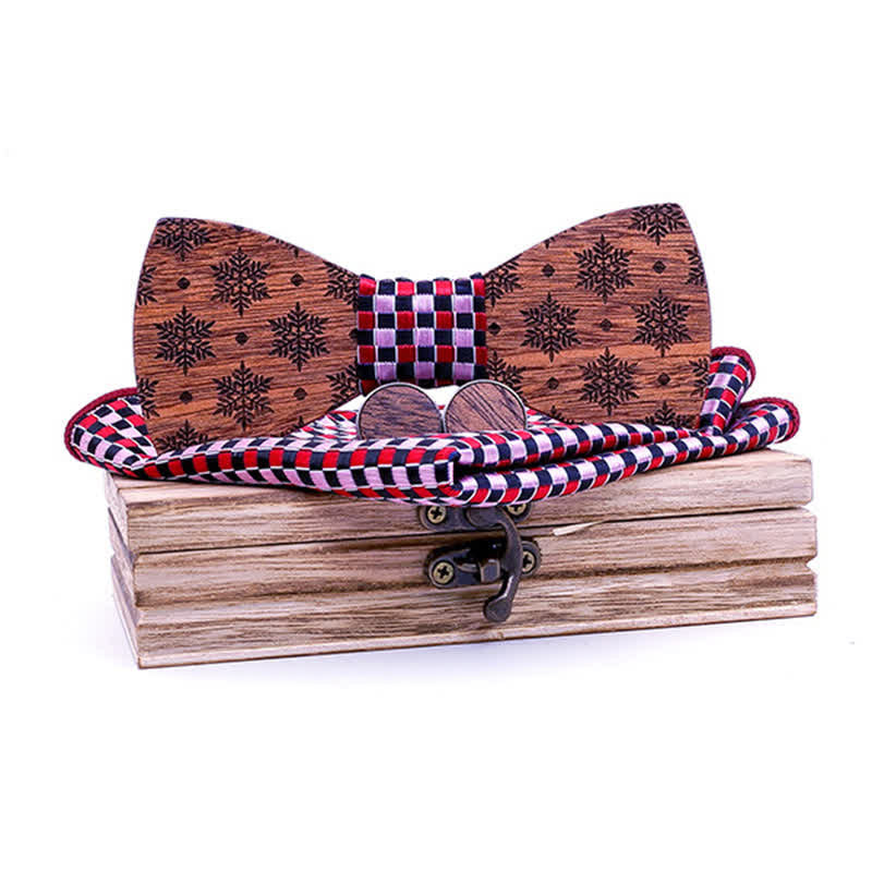 3Pcs Men's Snowflakes Pattern Christmas Wooden Bow Tie Set - Red - image 0