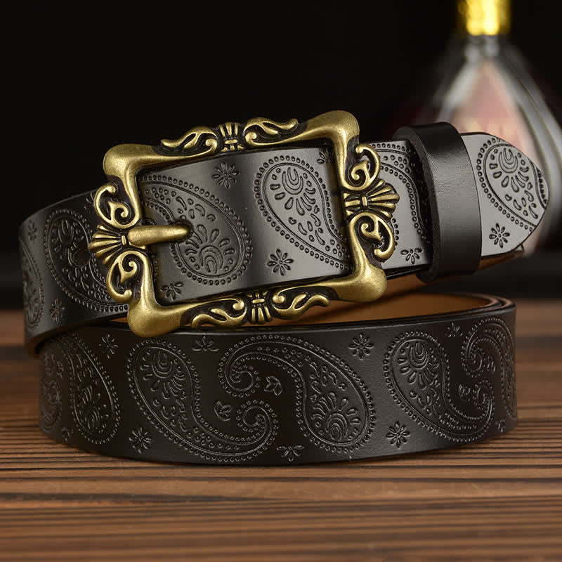 Women's Retro Floral Decorative Leather Belt - Style #1 - Black - 40 - image 0