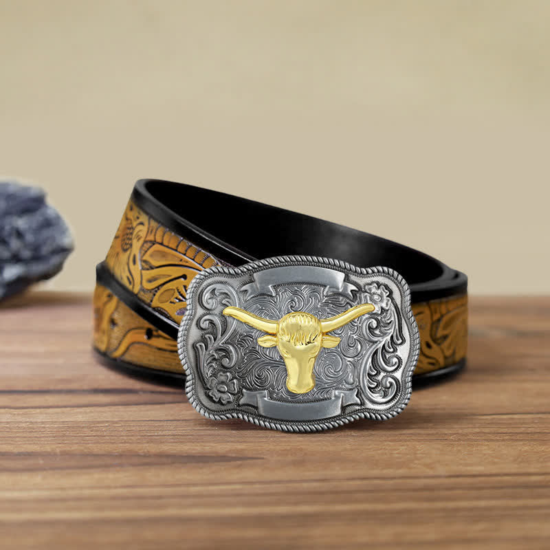 Men's DIY Gold Carving Animal Buckle Leather Belt - Bull - SandyBrown Belt (40) - image 44