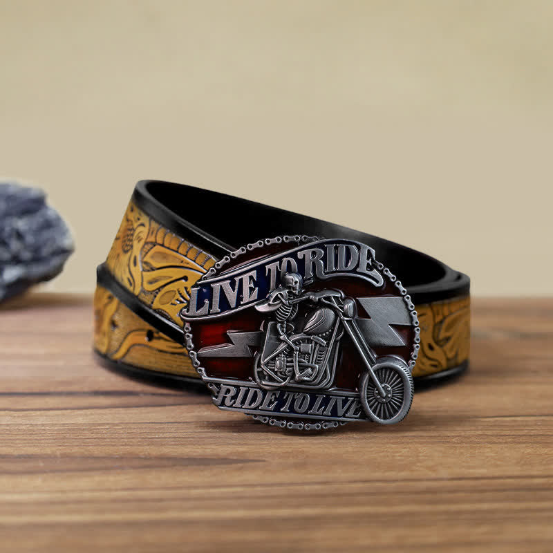 Men's DIY Skull Biker Live to Ride Buckle Leather Belt - Skull Biker - SandyBrown Belt (40) - image 12