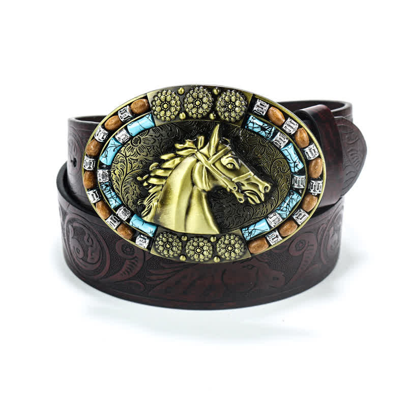 Men's Cowboy Horse Head Turquoise Leather Belt - Gold - 40 - image 0