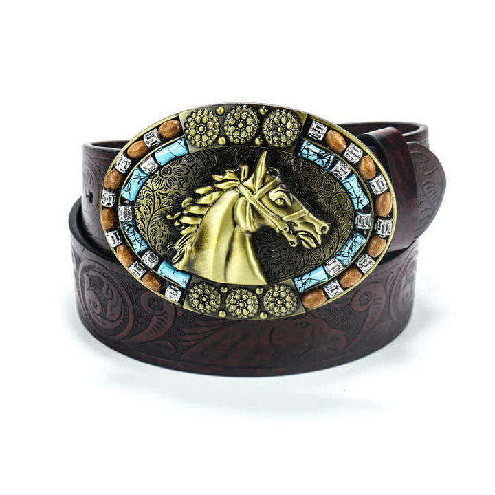 Men's Cowboy Horse Head Turquoise Leather Belt - Gold - 40 - image 0