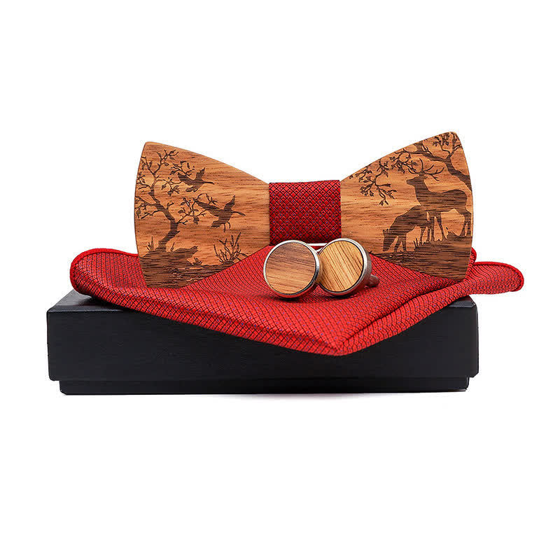 3Pcs Men's Fancy Christmas Elk Wooden Bow Tie Set - Red - image 0