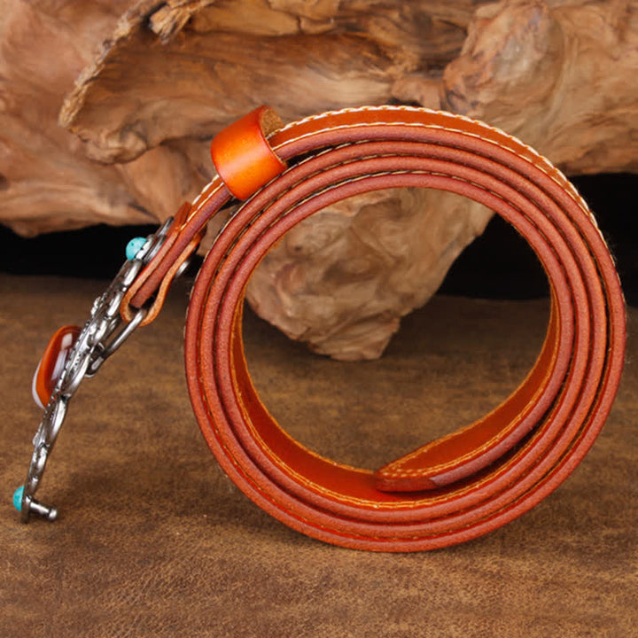 Unisex Agate Stone Turquoise Hollow Flower Leather Belt - image 15