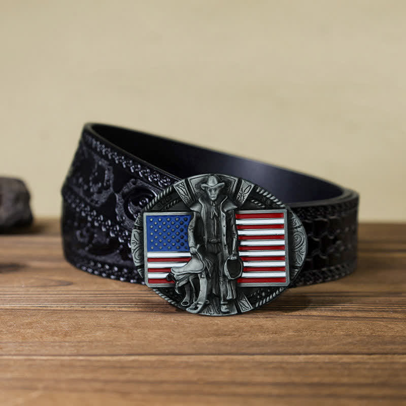 Men's DIY American Flag Cowboy Buckle Leather Belt - Cowboy - Black Carved Belt (40) - image 11
