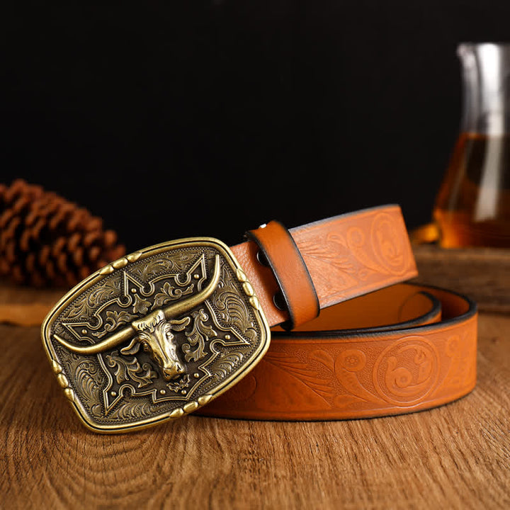 Men's Western Style Cow Head Printed Leather Belt - Yellowish-Brown / Gold - 38 - image 3