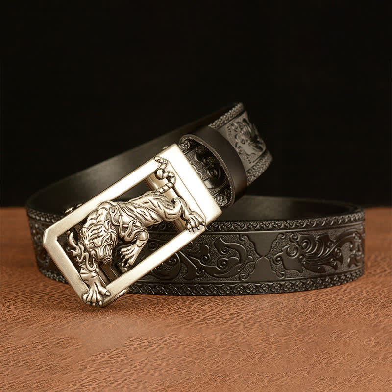 Men's Tiger Buckle Floral Embossed Leather Belt - image 20