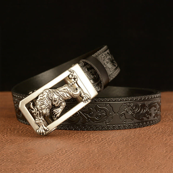 Men's Tiger Buckle Floral Embossed Leather Belt - image 20