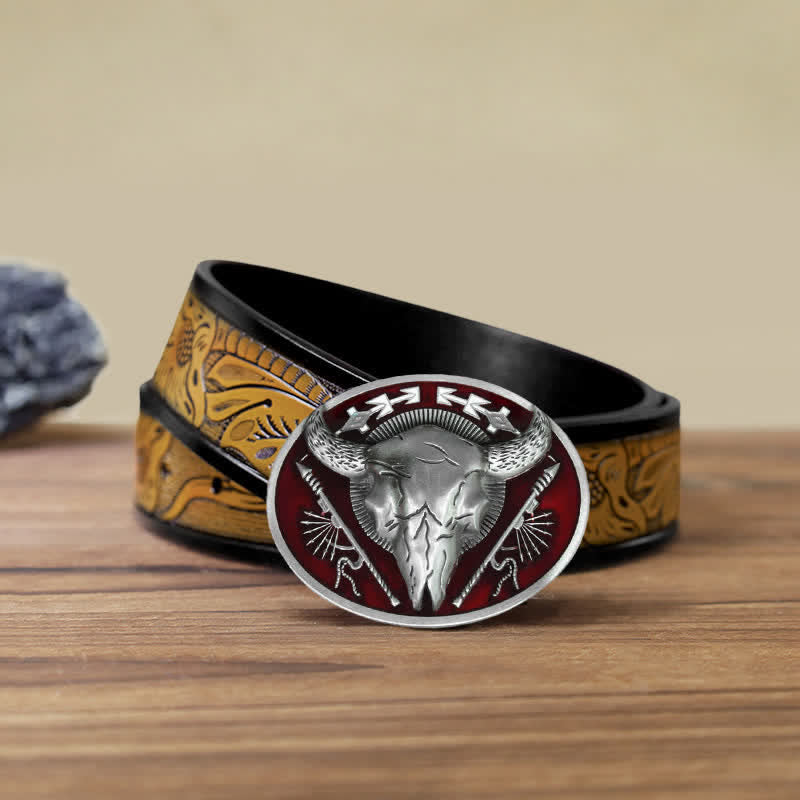 Men's DIY Indian Theme Bull Skull Buckle Leather Belt - Dark Red - SandyBrown Belt (40) - image 14