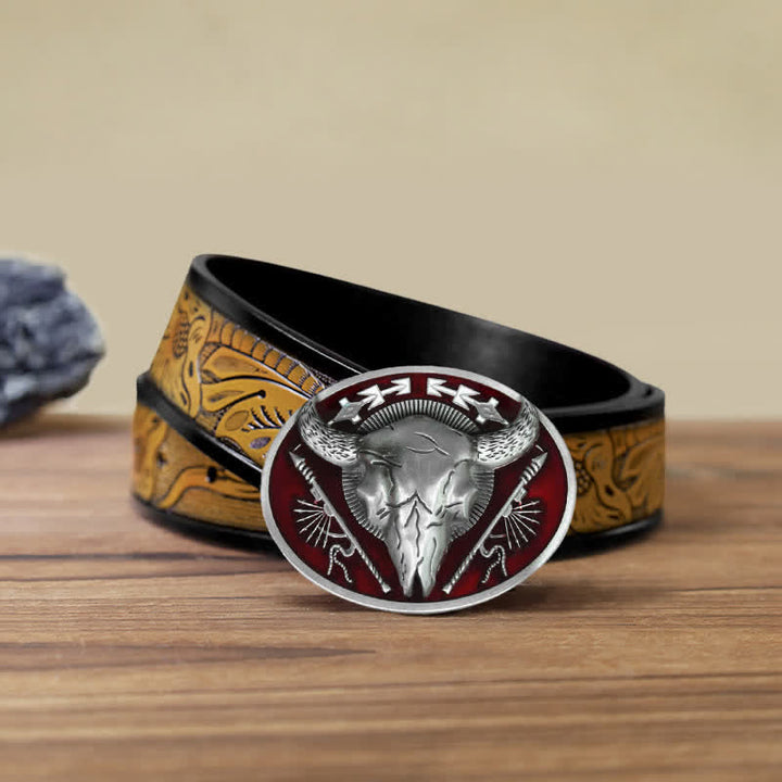 Men's DIY Indian Theme Bull Skull Buckle Leather Belt - Dark Red - SandyBrown Belt (40) - image 14