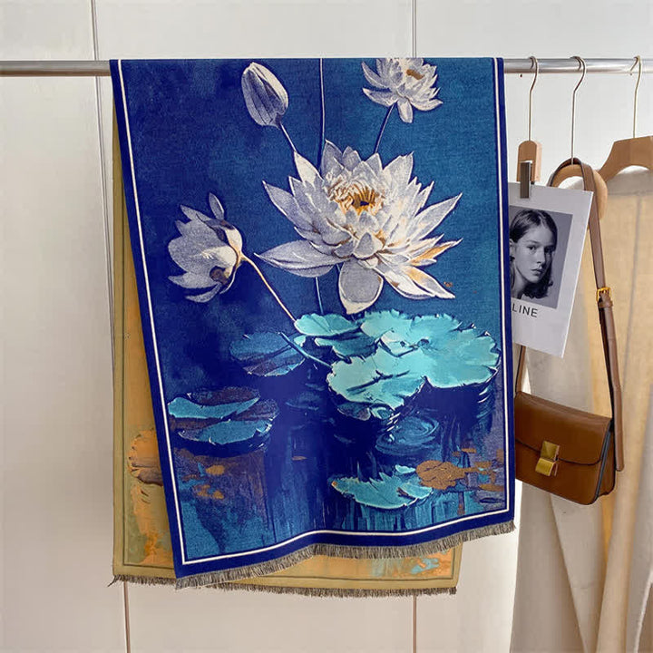 Women's Magnificent Scene Oil Painting Thickened Scarf - Blue Lotus - image 25