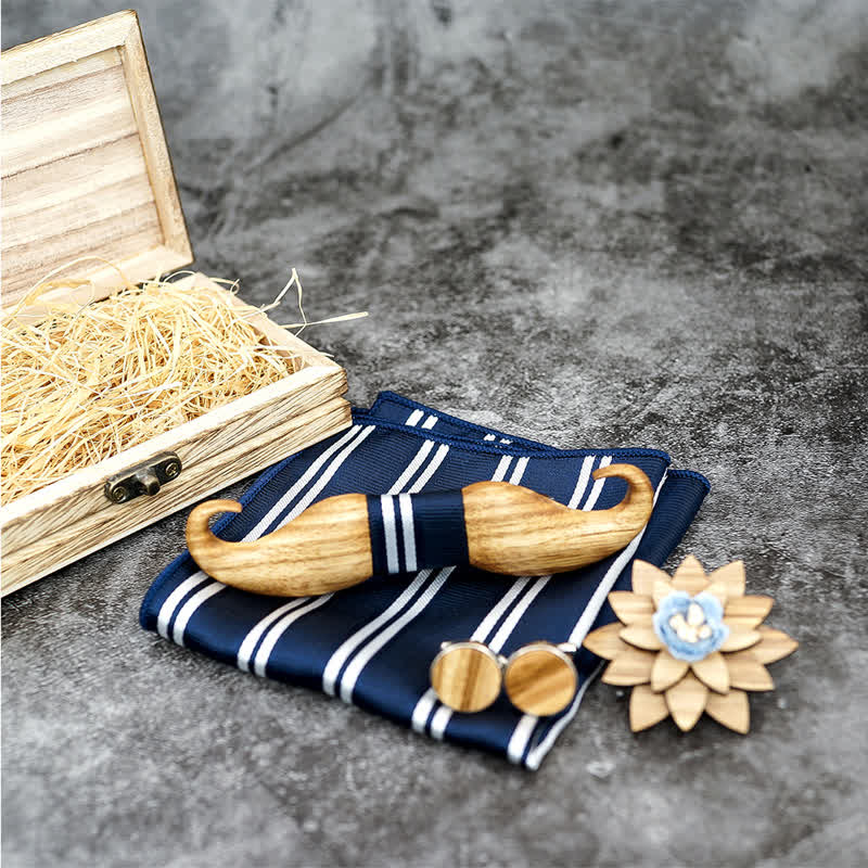 4Pcs Men's Burlywood Moustache Wooden Bow Tie Set - image 3