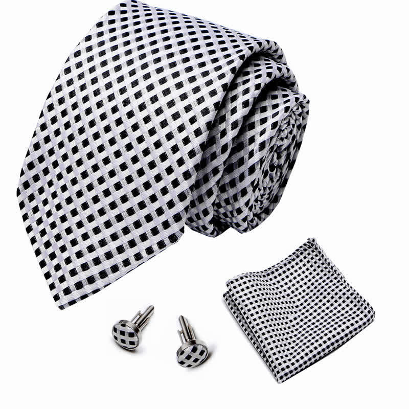 3Pcs Men's White & Black Woven Checked Necktie Set - image 1
