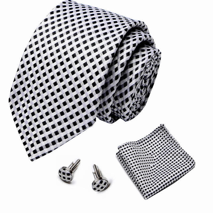 3Pcs Men's White & Black Woven Checked Necktie Set - image 1