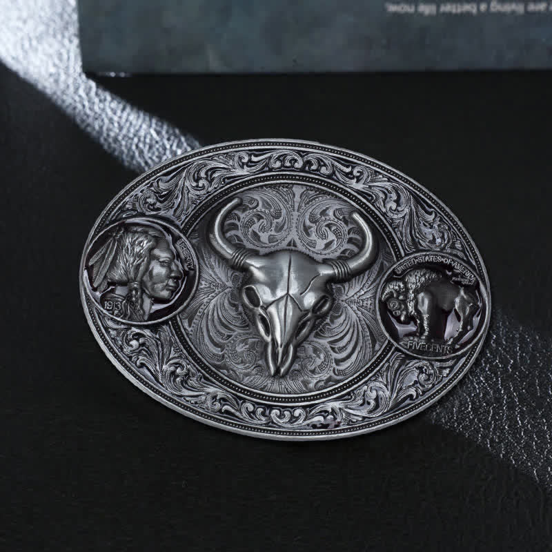 Men's DIY Typical Western Skull Buckle Leather Belt - Bull - Without Belt - image 0