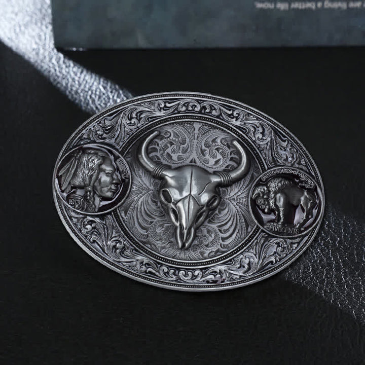 Men's DIY Typical Western Skull Buckle Leather Belt - Bull - Without Belt - image 0