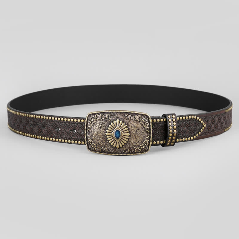 Men's Retro Flower Engraved Leather Belt - image 1