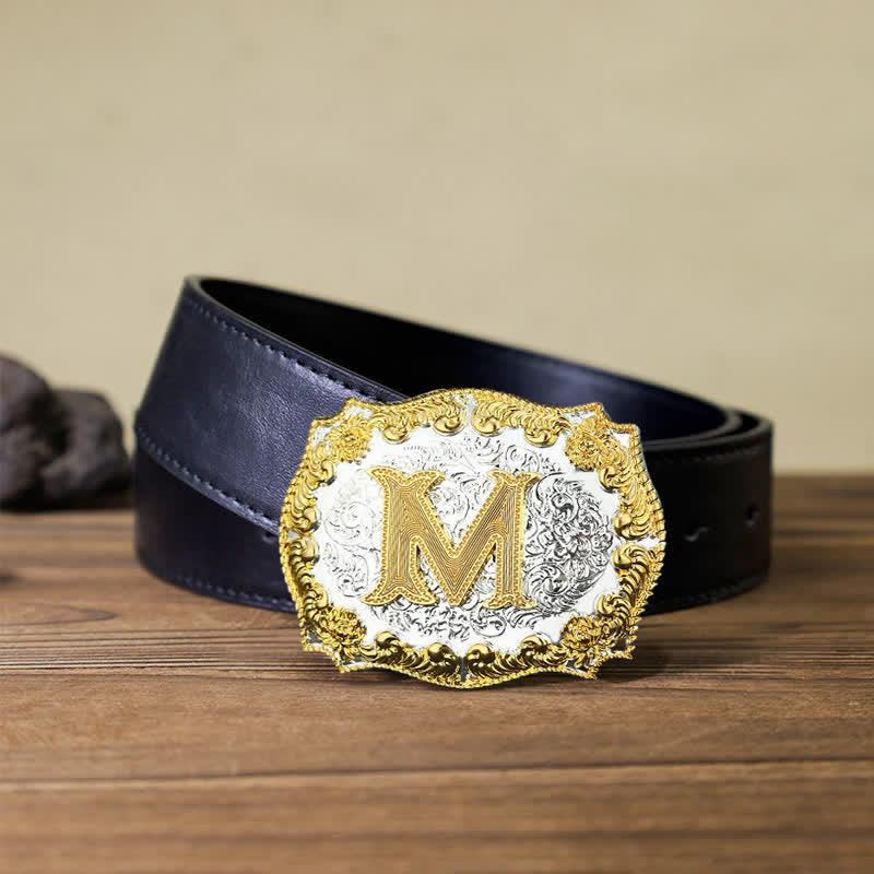 Men's DIY Golden Initial Letter Buckle Leather Belt - M - Black PU Belt (40) - image 3