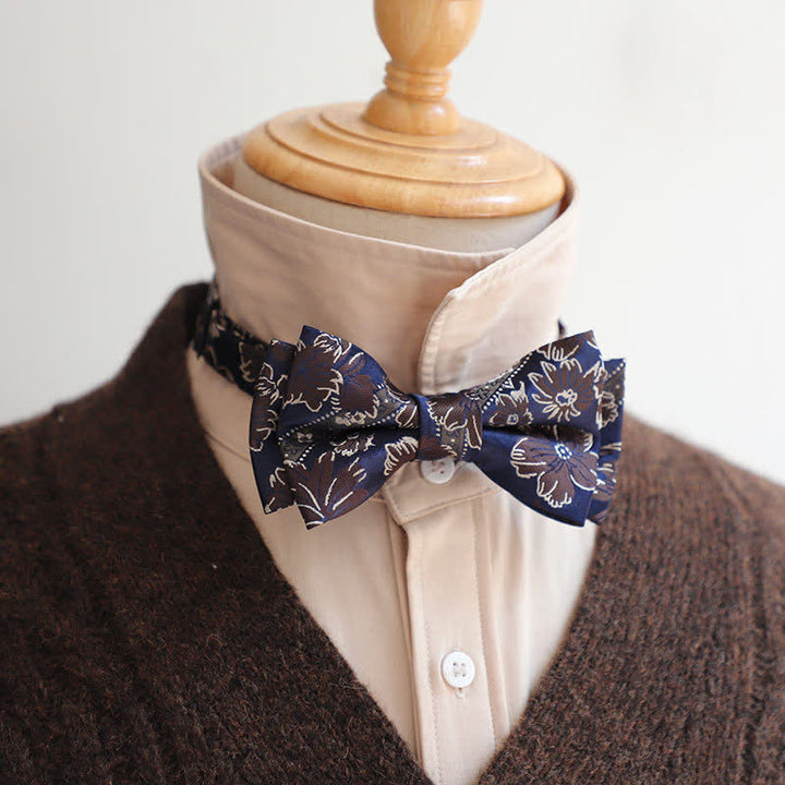 Men's Retro Floral Leaves Bow Tie - Blue & Brown - image 3