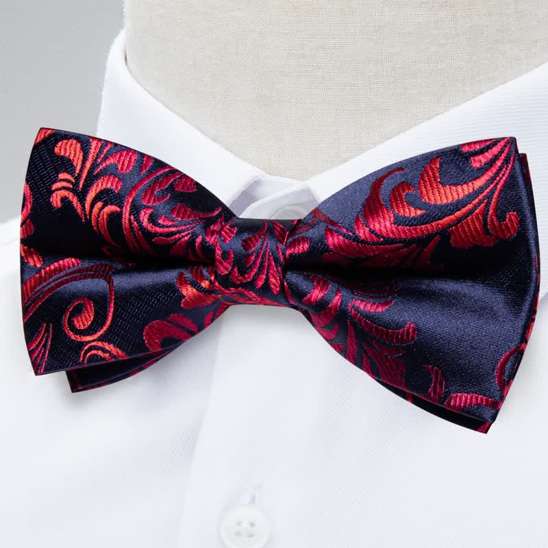2Pcs Men's Red & Navy Floral Bow Tie Pocket Square Set - image 1