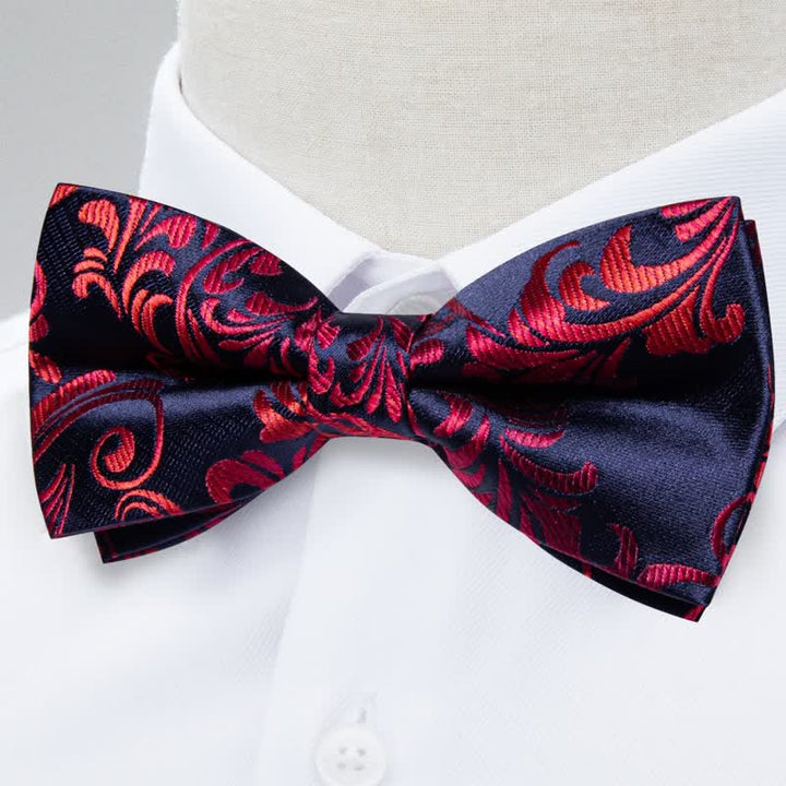 2Pcs Men's Red & Navy Floral Bow Tie Pocket Square Set - image 1
