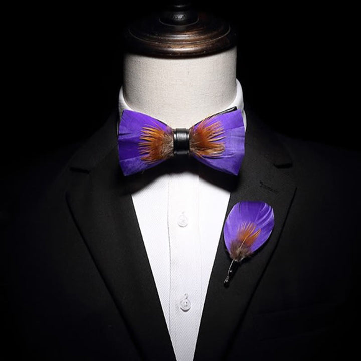 Purple & Orange Embellished Feather Bow Tie with Lapel Pin - image 2