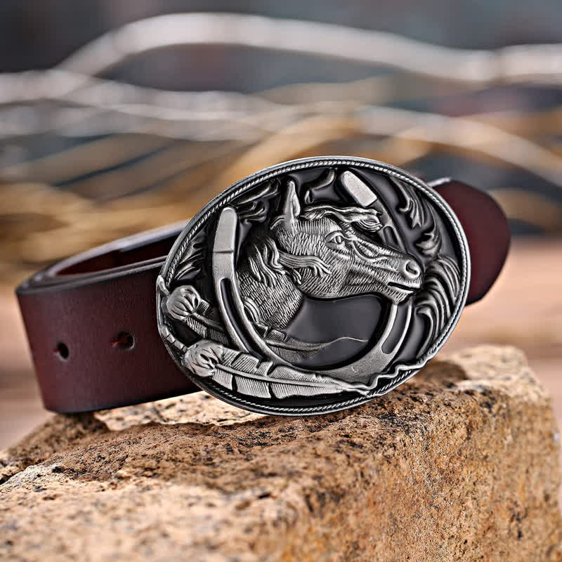 Men's DIY Horseshoe Black Enamel Buckle Leather Belt - image 1