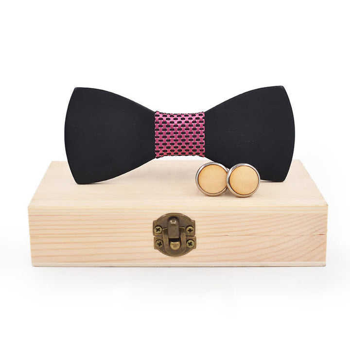 2Pcs Men's Black Wooden Bow Tie Cufflinks Set - Pink Weave - image 8
