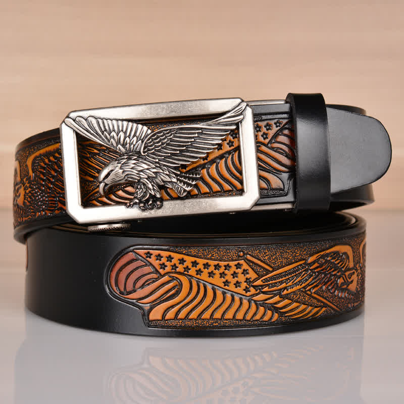 Men's Hollow Eagle Buckle Embossed Leather Belt - Silver & Black - 46 - image 18