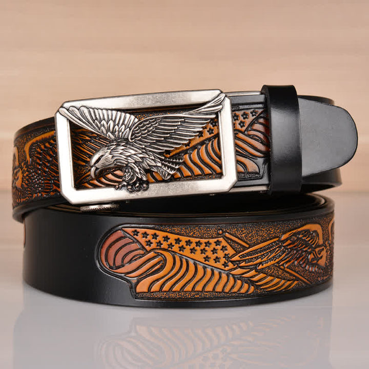 Men's Hollow Eagle Buckle Embossed Leather Belt - Silver & Black - 46 - image 18