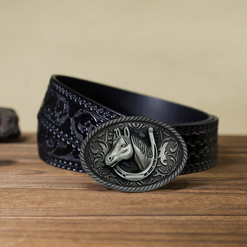 Men's DIY Antique Silver Horseshoe Buckle Leather Belt - Horseshoe - Black Carved Belt (40) - image 9