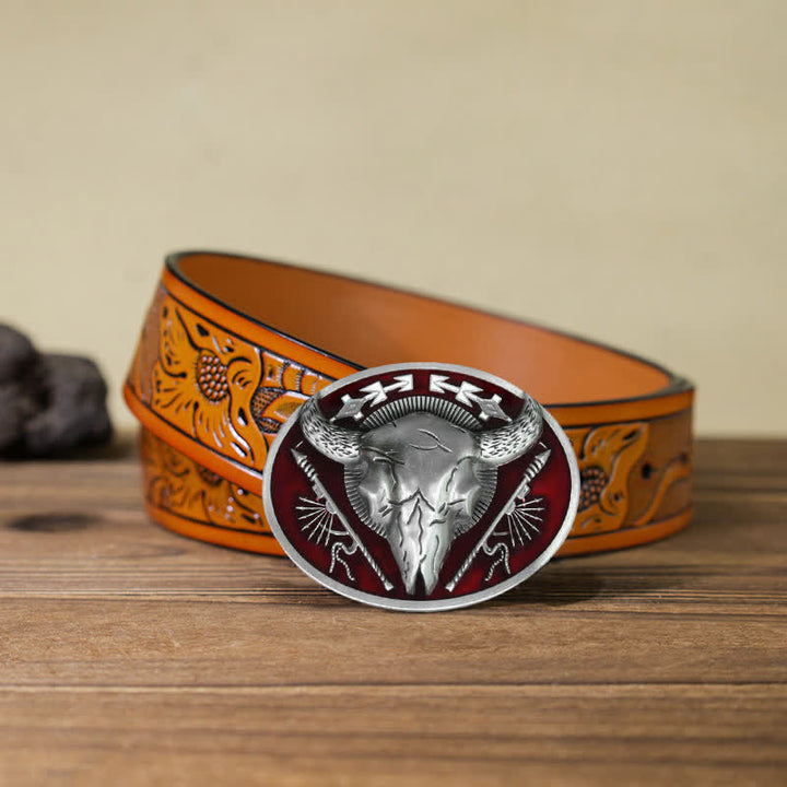 Men's DIY Indian Theme Bull Skull Buckle Leather Belt - Dark Red - Orange Carved Belt (40) - image 16