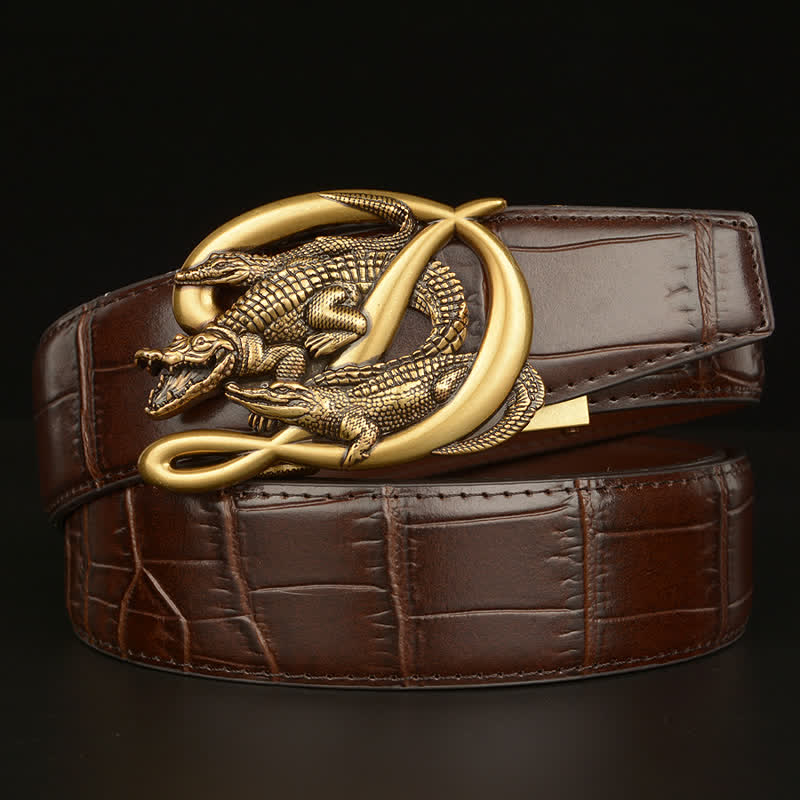 Men's Crocodile Buckle Alligator Pattern Leather Belt - Style #1 - Gold & Brown - 46 - image 5