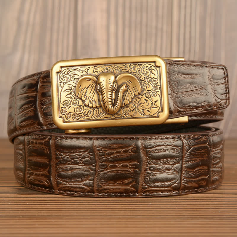Men's Punk Elephant Alligator Pattern Leather Belt - Gold & Brown - Alligator Skin - 44 - image 21