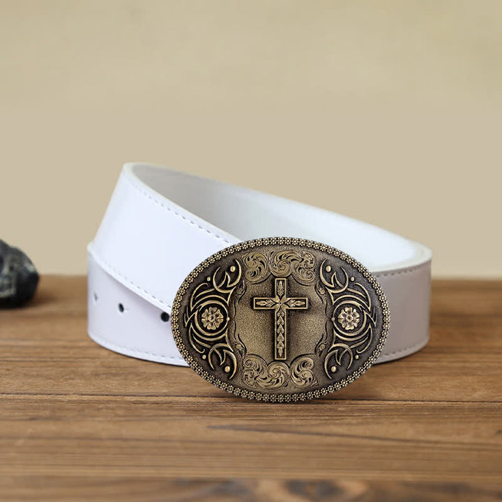 Men's DIY Faith Cross Floral Buckle Leather Belt - Antique Bronze - Brown PU Belt (40) - image 9