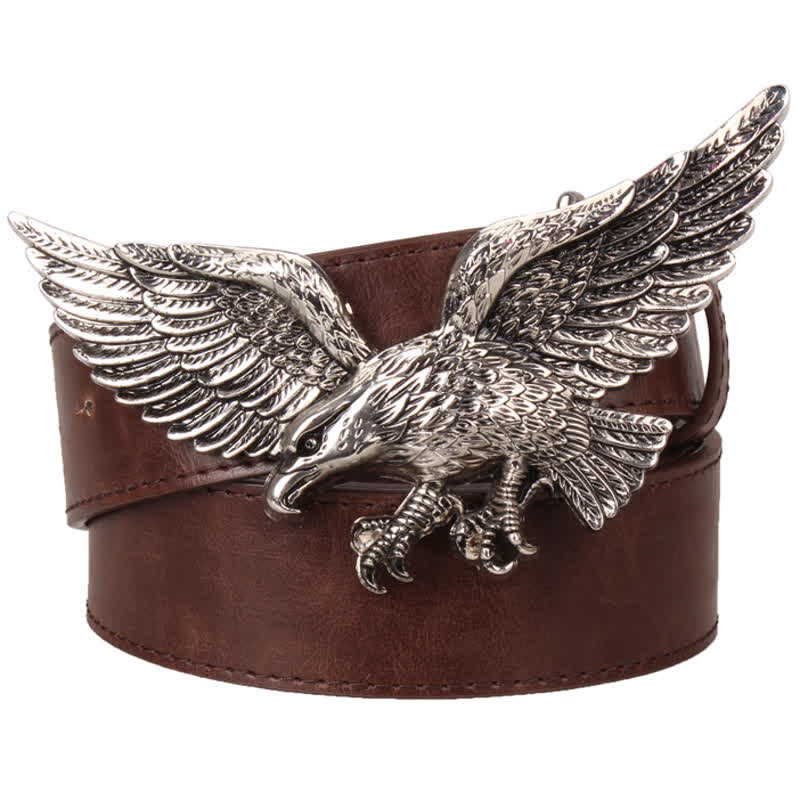 Men's Personality Large Flying Eagle Buckle Leather Belt - Brown / Silver - 40 - image 8