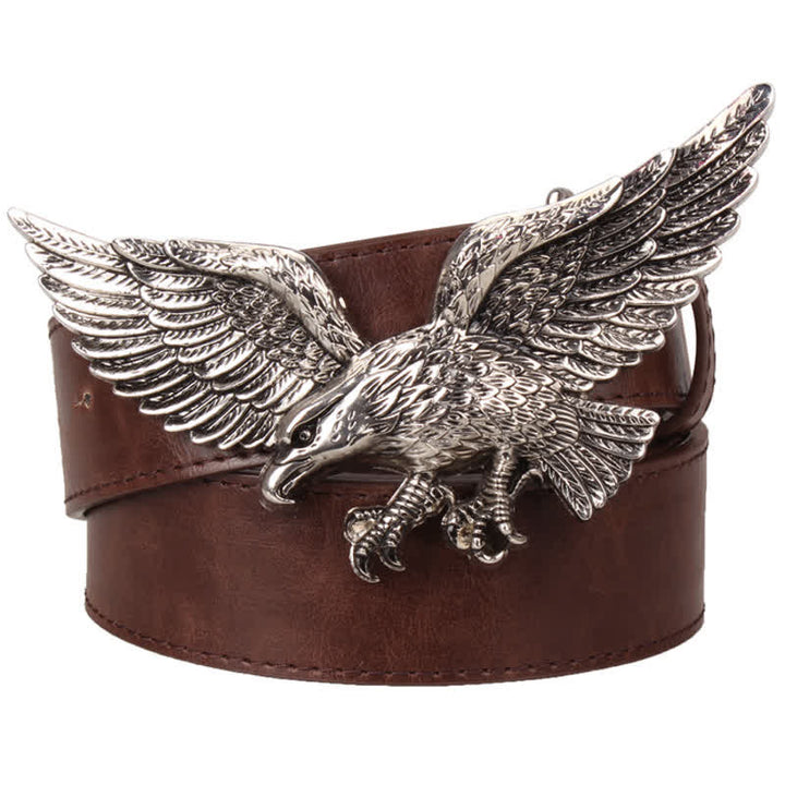 Men's Personality Large Flying Eagle Buckle Leather Belt - Brown / Silver - 40 - image 8