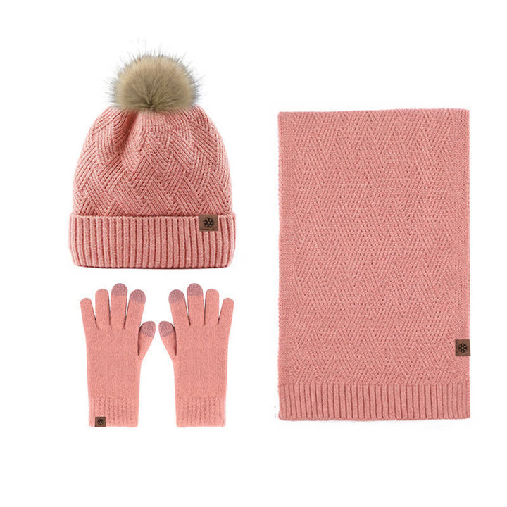 3Pcs Women's Pompom Woven Hat Scarf Touchscreen Gloves Set - Pink - Adjustable (Approx. 21 1/4"-23 1/4") - image 5