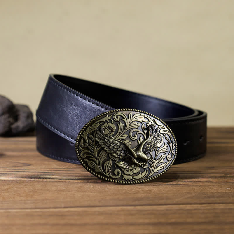 Men's DIY Animal Flying Eagle Buckle Leather Belt - Antique Bronze - Black PU Belt (40) - image 6