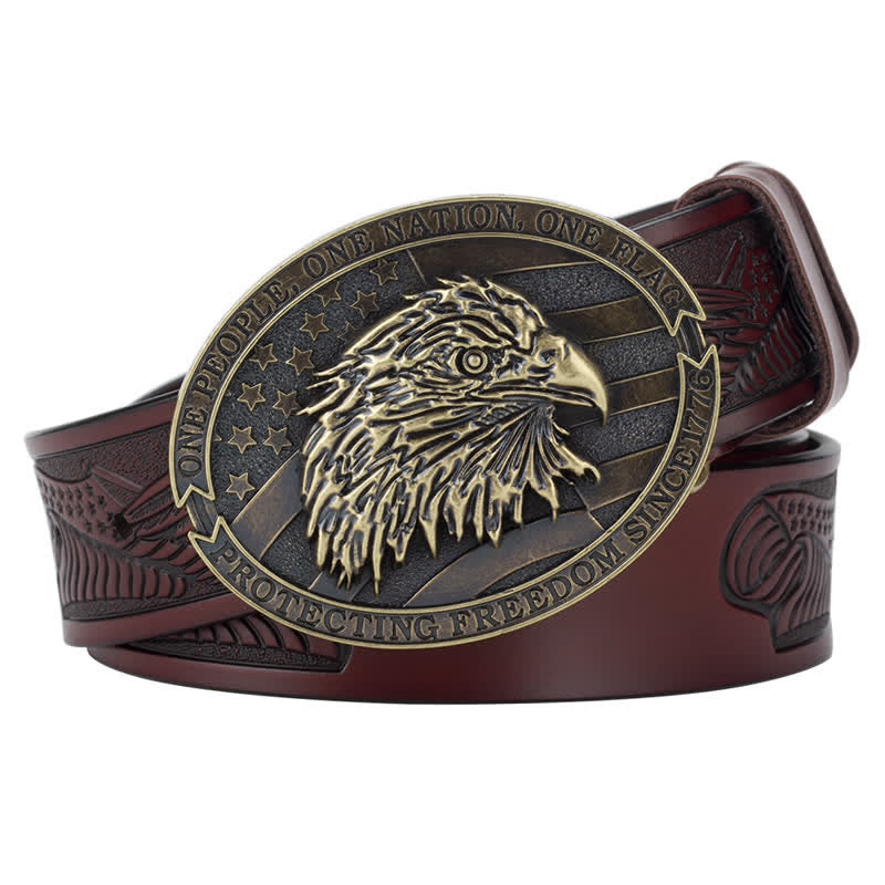 Men's Bald Eagle Head American Flag Buckle Leather Belt - Brown / Bronze - 46 - image 12