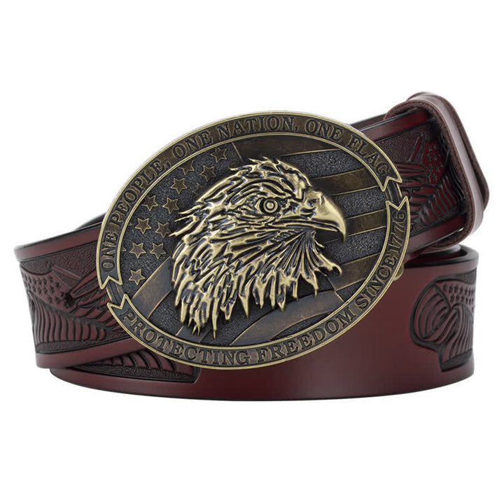 Men's Bald Eagle Head American Flag Buckle Leather Belt - Brown / Bronze - 46 - image 12