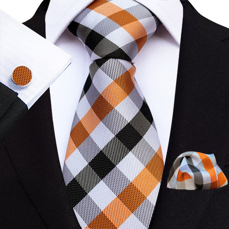 3Pcs Men's Orange & Black Check Necktie Set - Orange & Black - image 0