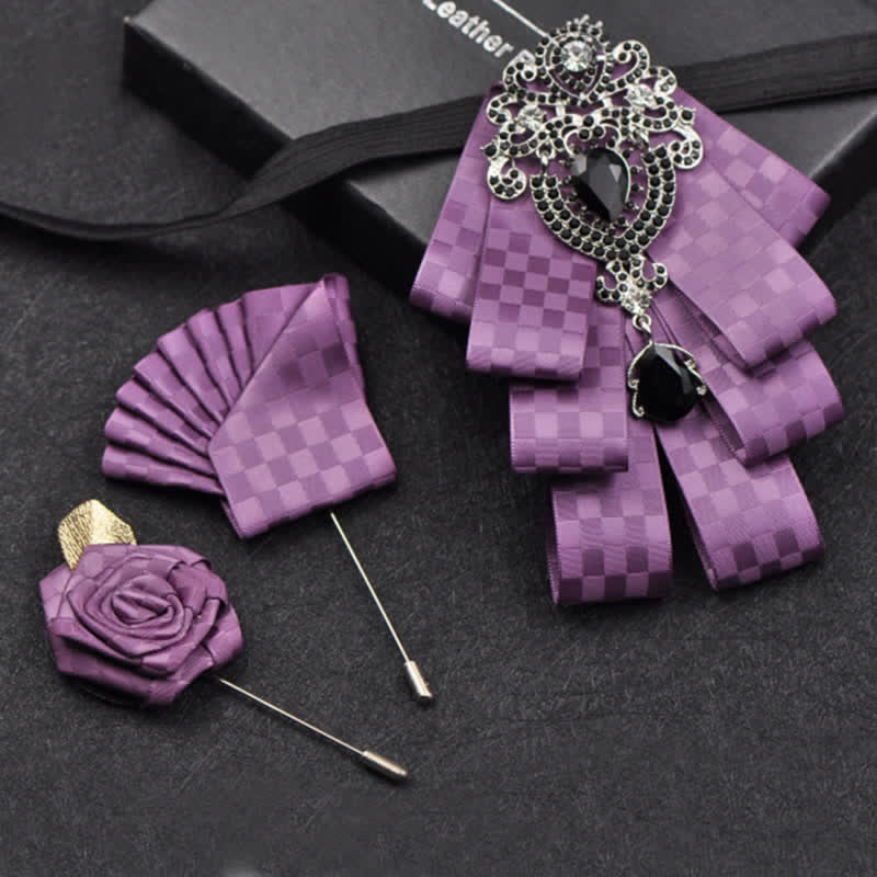 3Pcs Plaid Black Rhinestone Bow Tie Set - Violet Checks - image 25